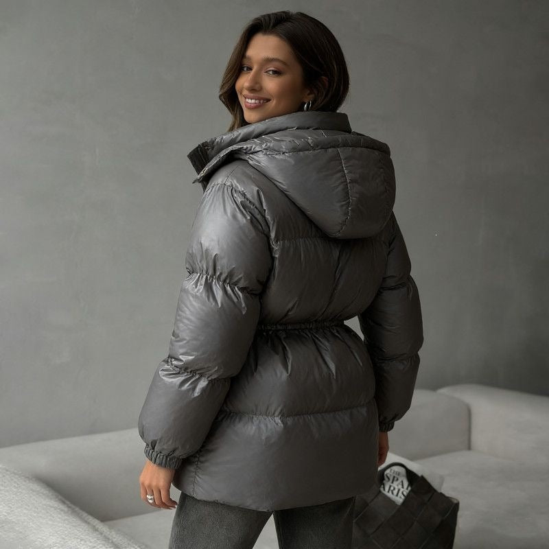 Women's Long Hooded Puffer Jacket With Belt