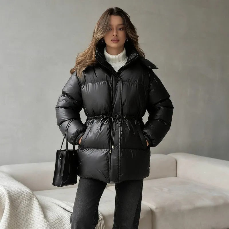 Women's Long Hooded Puffer Jacket With Belt