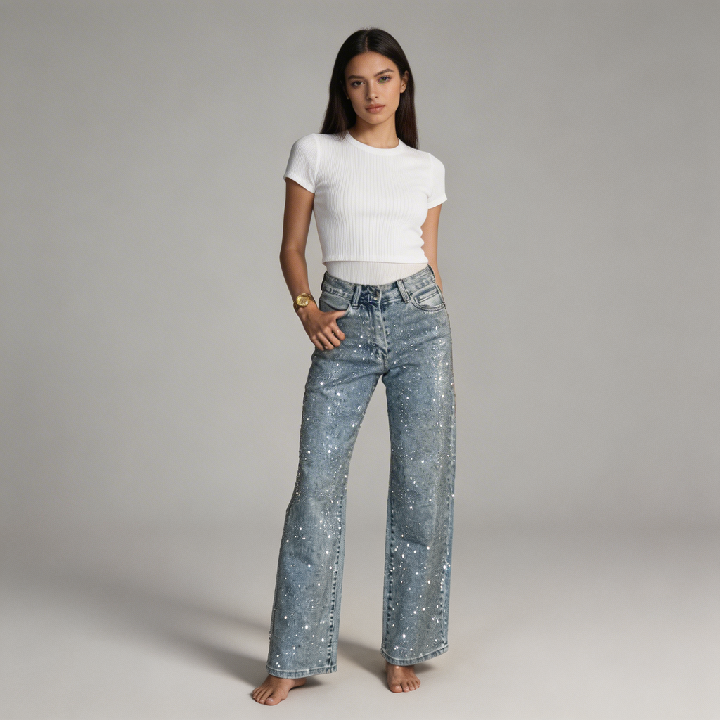 Women's High Waist Straight Leg Jeans with Glitter Accents