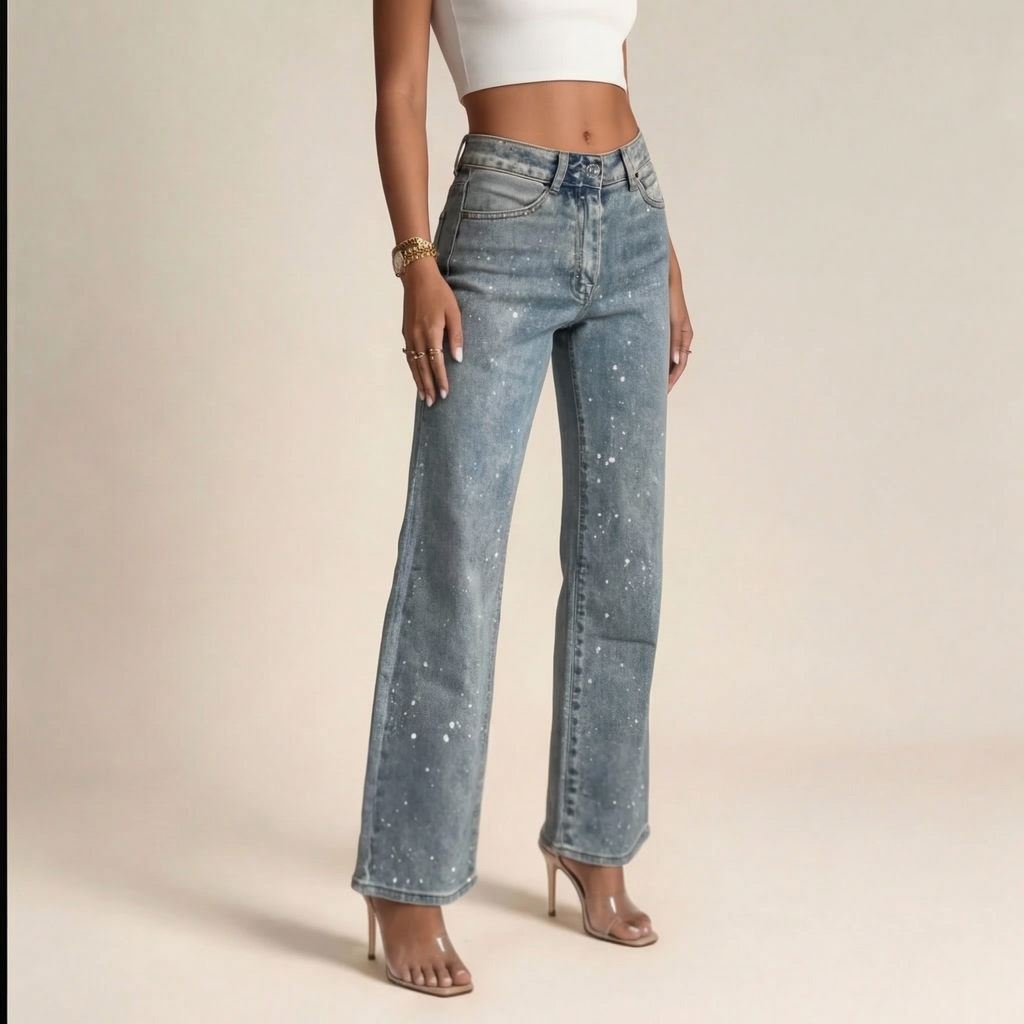 Women's High Waist Straight Leg Jeans with Glitter Accents