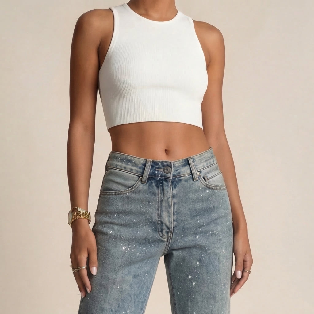 Women's High Waist Straight Leg Jeans with Glitter Accents