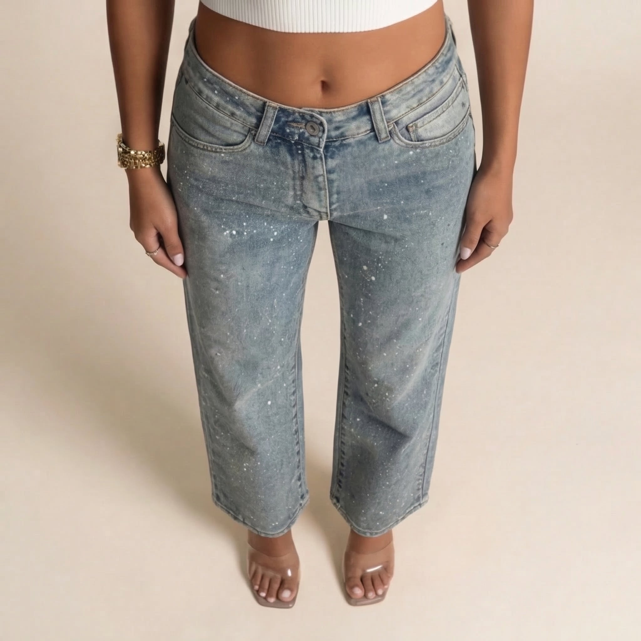 Women's High Waist Straight Leg Jeans with Glitter Accents