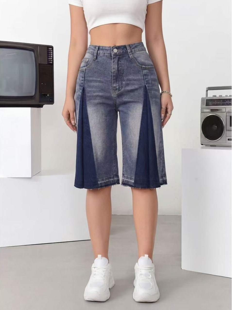 Women's High Waist Wide Leg Denim Bermuda Shorts