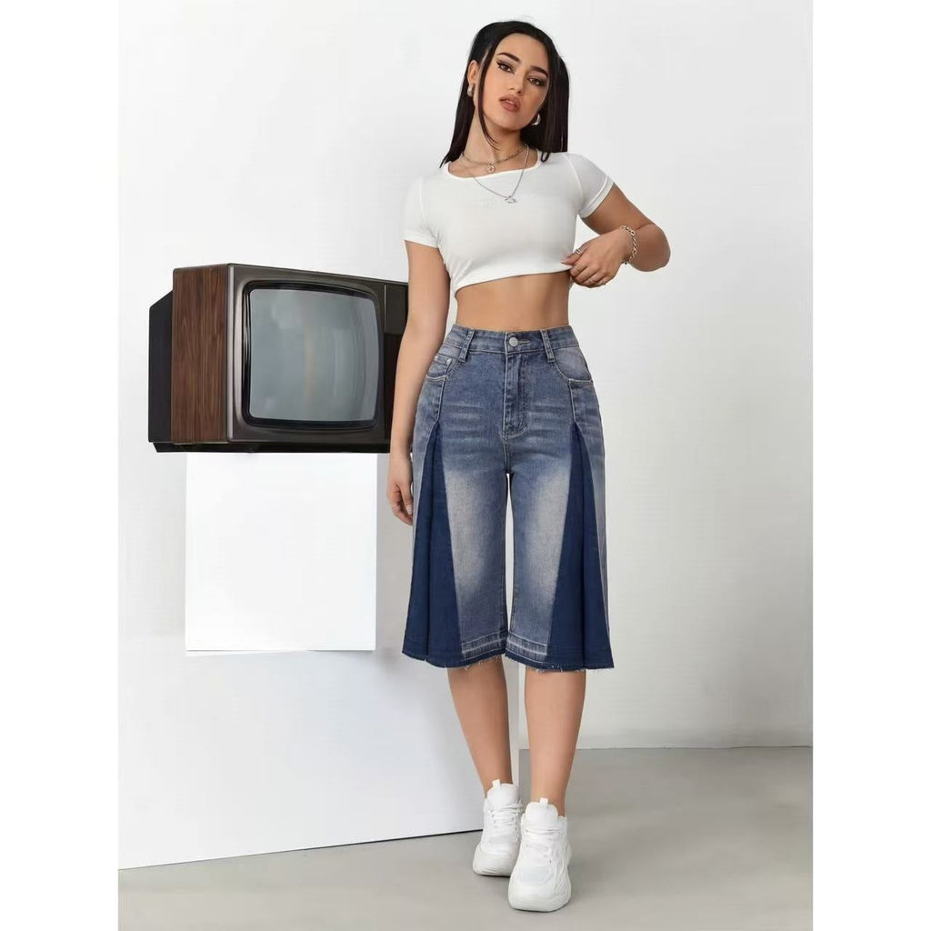 Women's High Waist Wide Leg Denim Bermuda Shorts