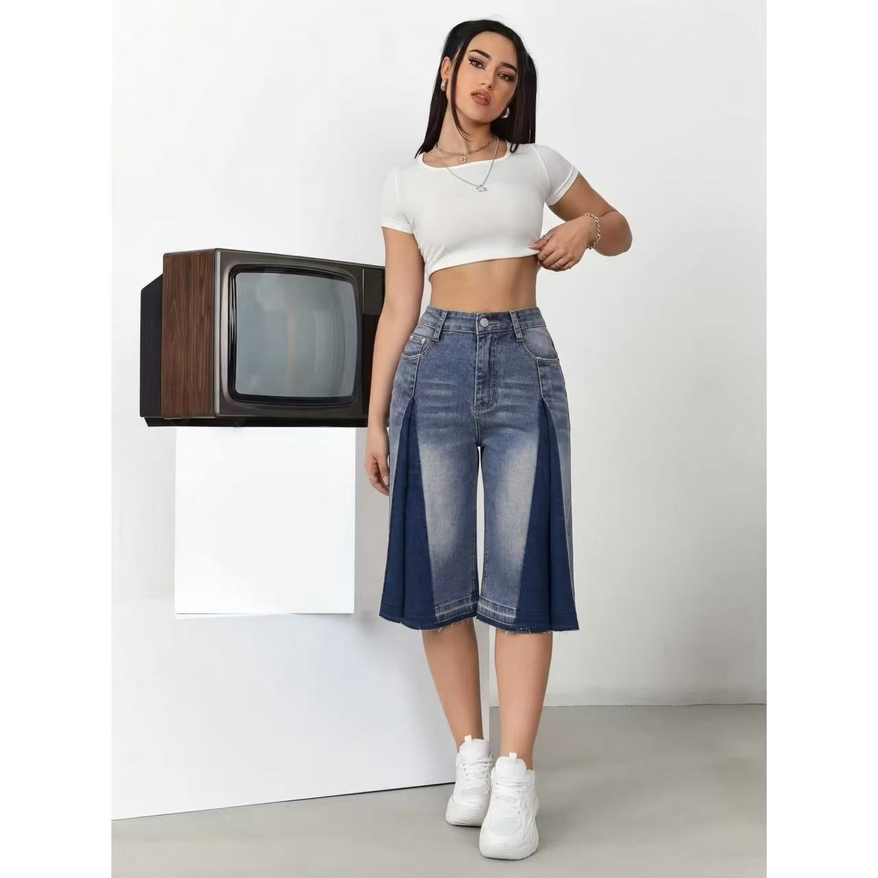 Women's High Waist Wide Leg Denim Bermuda Shorts