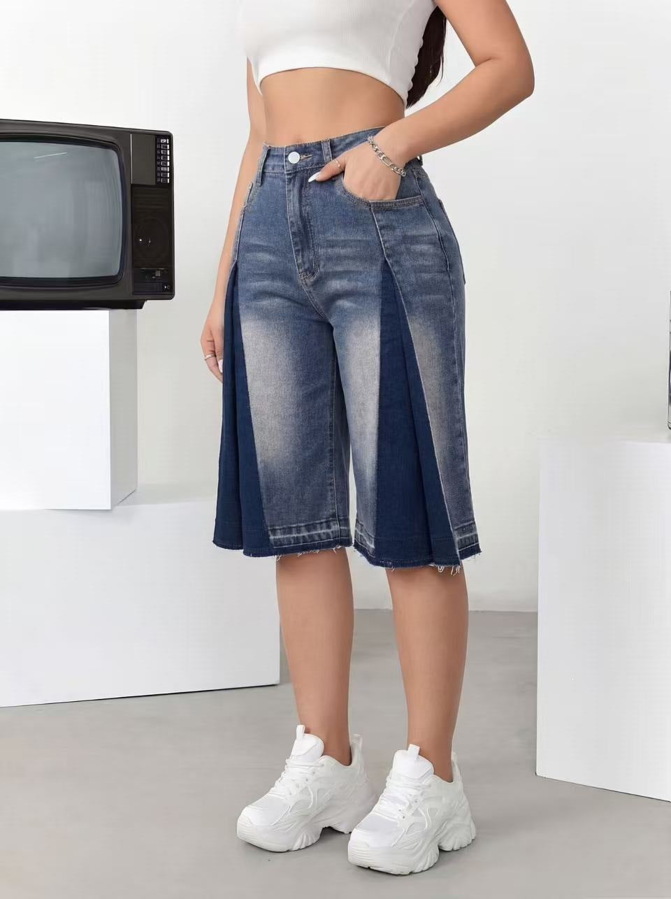 Women's High Waist Wide Leg Denim Bermuda Shorts