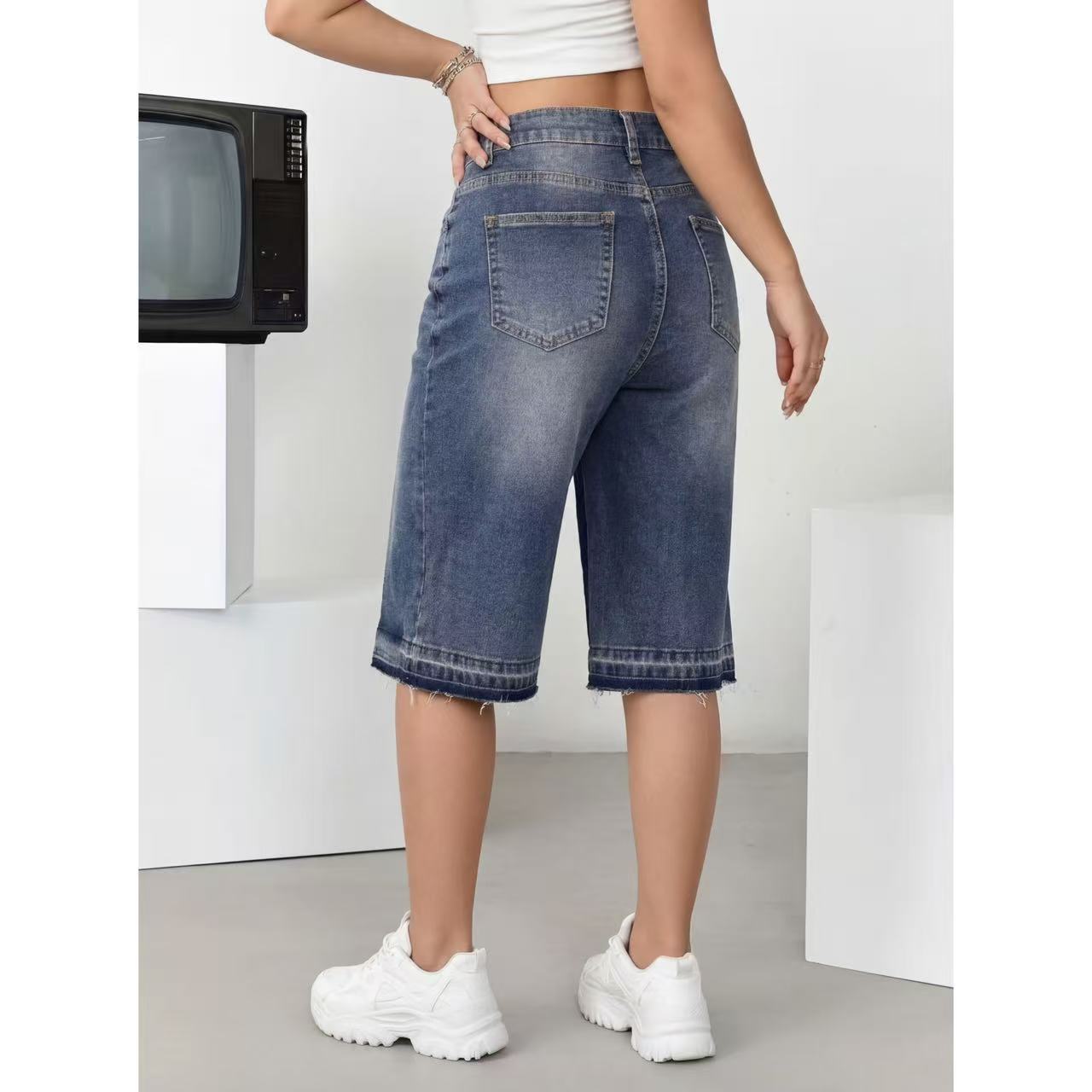 Women's High Waist Wide Leg Denim Bermuda Shorts