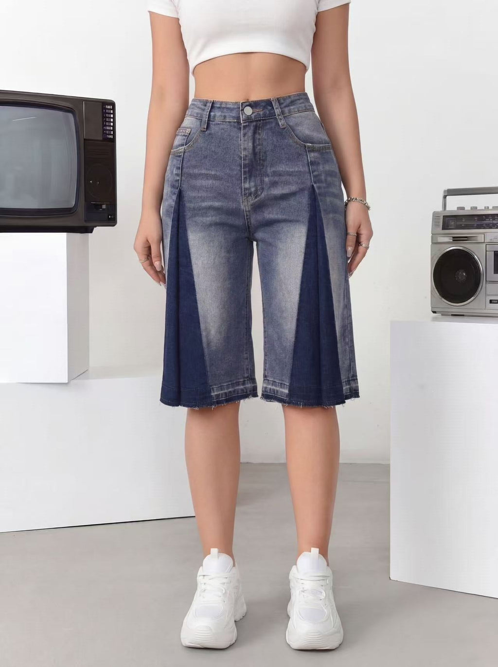 Women's High Waist Wide Leg Denim Bermuda Shorts