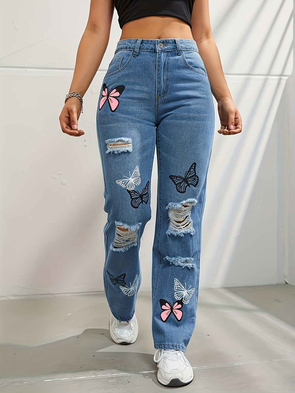 Women's High Waisted Straight Leg Jeans with Butterfly Print