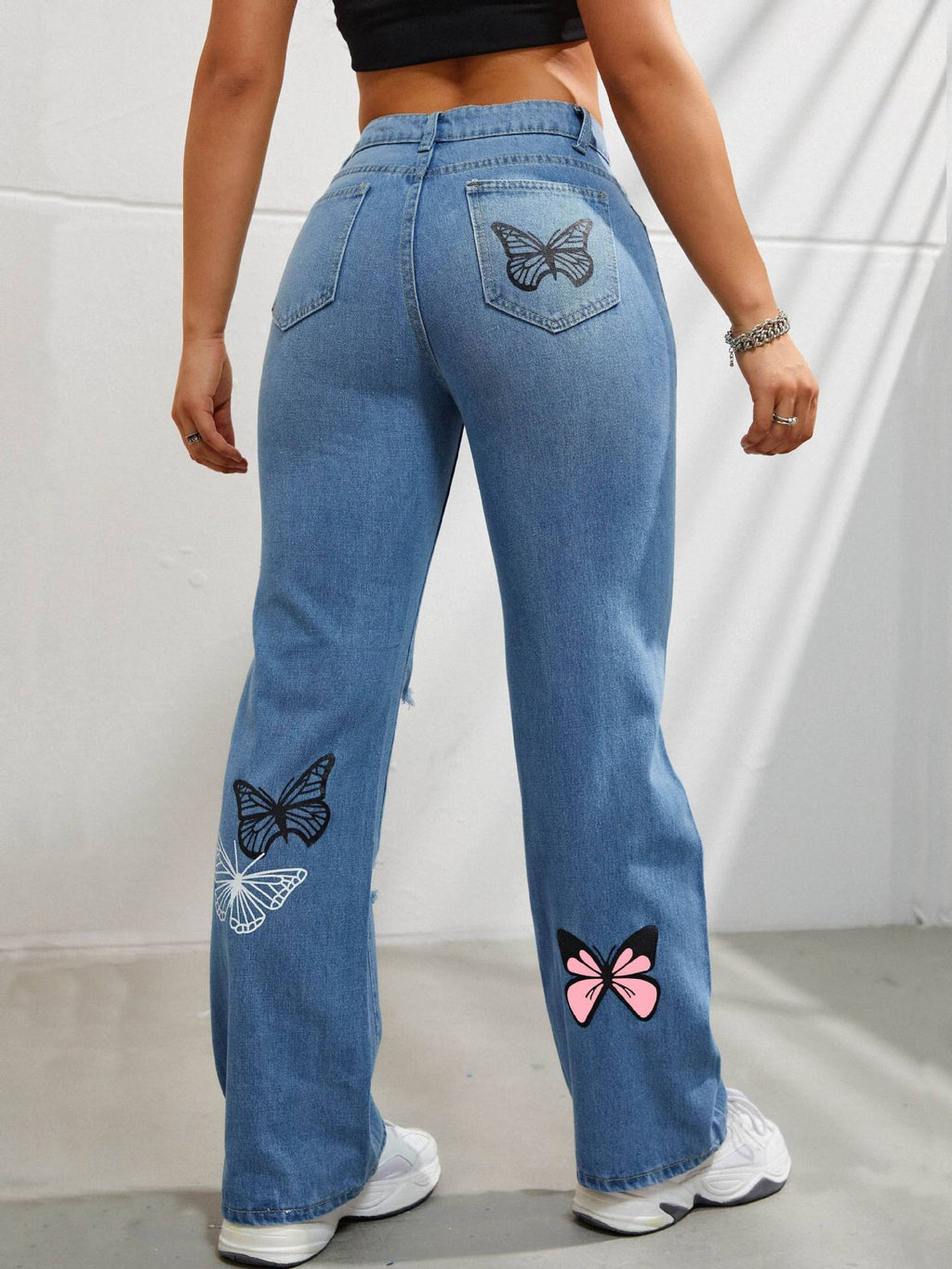 Women's High Waisted Straight Leg Jeans with Butterfly Print