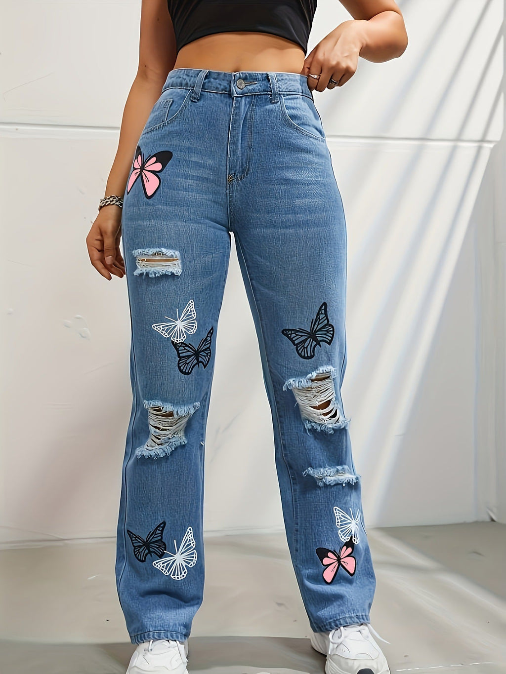 Women's High Waisted Straight Leg Jeans with Butterfly Print