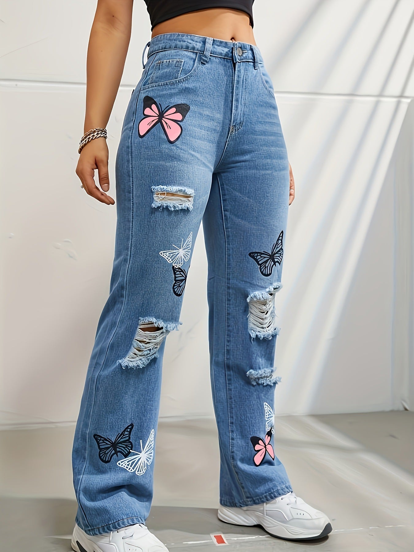 Women's High Waisted Straight Leg Jeans with Butterfly Print
