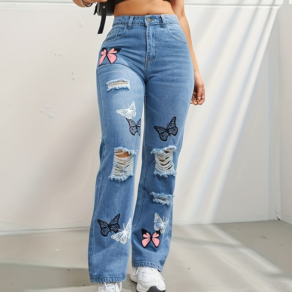 Women's High Waisted Straight Leg Jeans with Butterfly Print