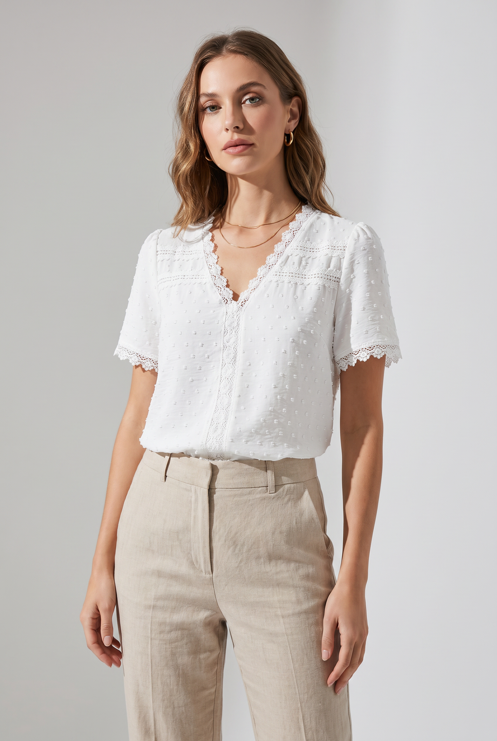Women's Lace V-Neck Short Sleeve Blouse for Summer