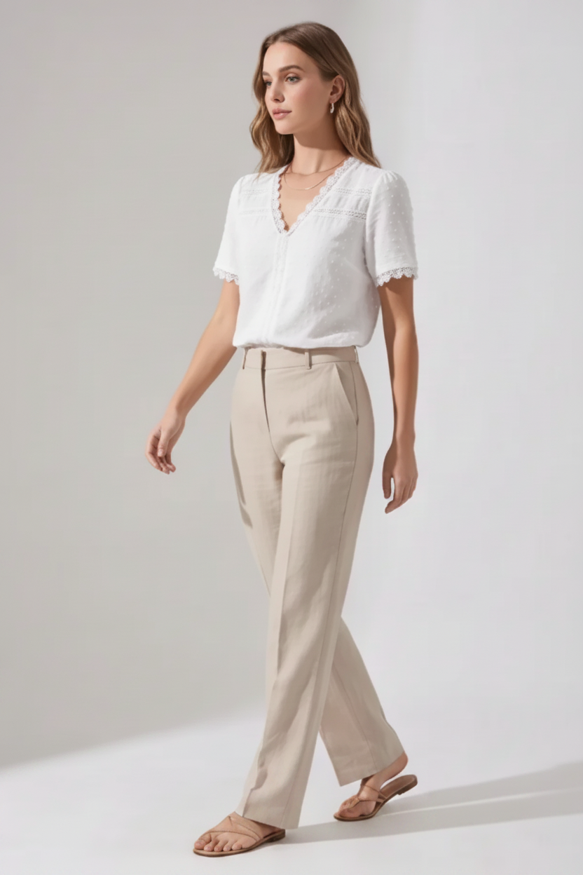 Women's Lace V-Neck Short Sleeve Blouse for Summer