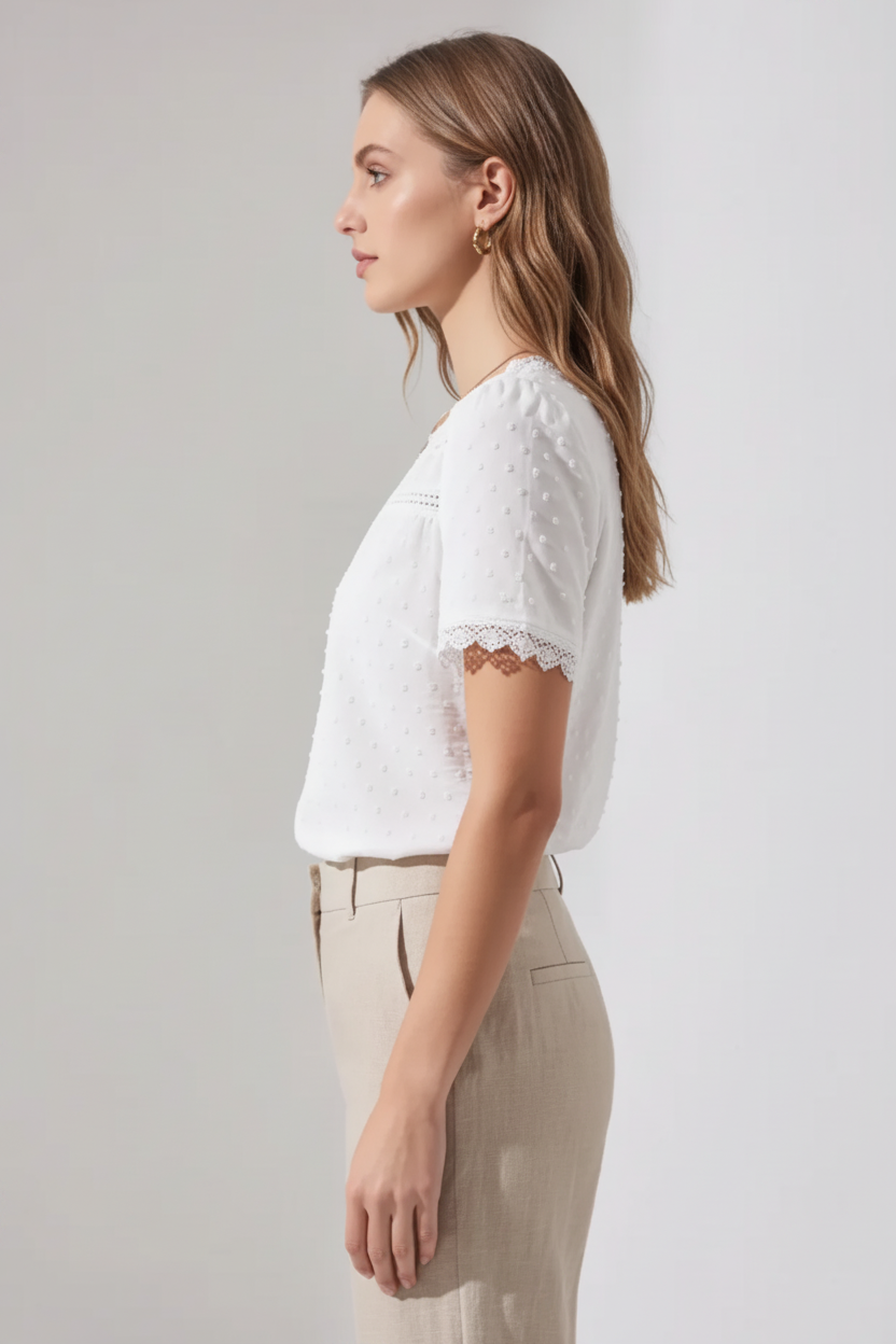 Women's Lace V-Neck Short Sleeve Blouse for Summer