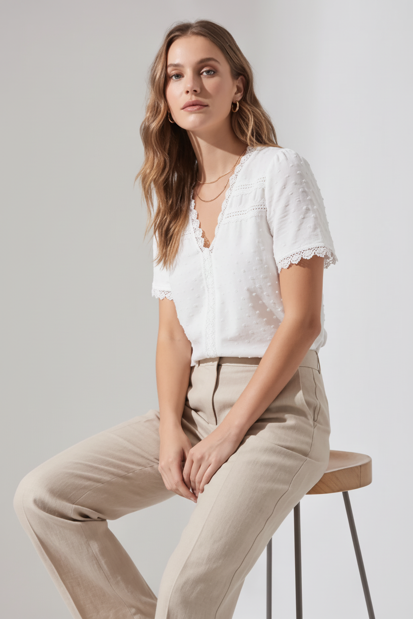 Women's Lace V-Neck Short Sleeve Blouse for Summer