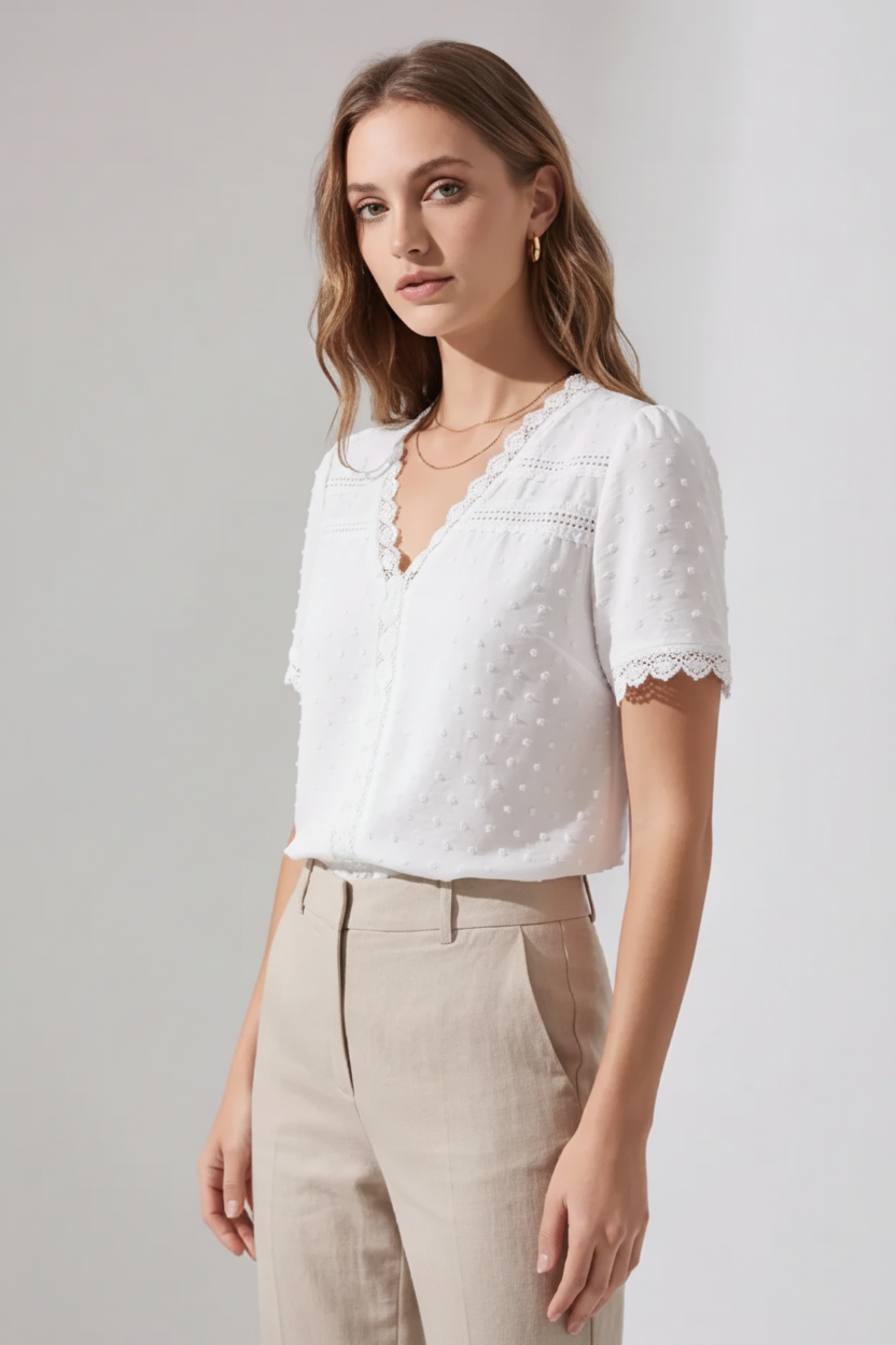 Women's Lace V-Neck Short Sleeve Blouse for Summer