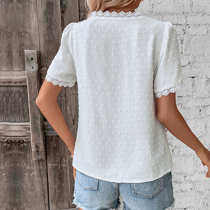 Women's Lace V-Neck Short Sleeve Blouse for Summer
