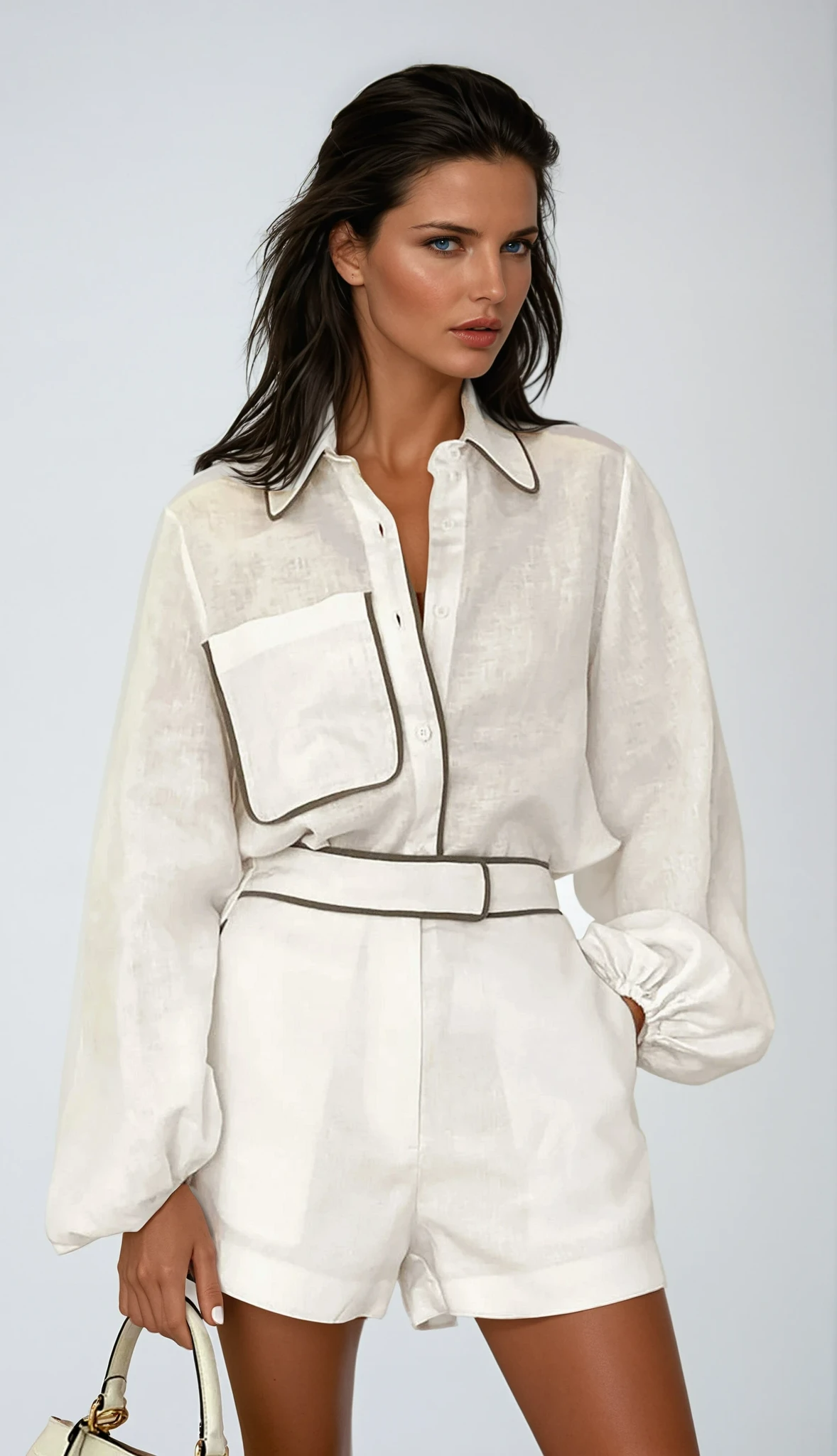 Set da donna in misto lino con camicetta a maniche lunghe