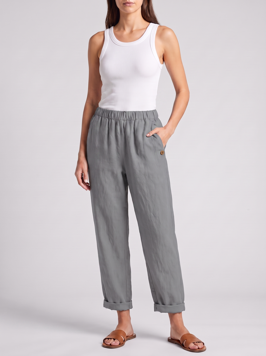 Women's Linen Pants Trousers with Pockets - Casual Straight Fit