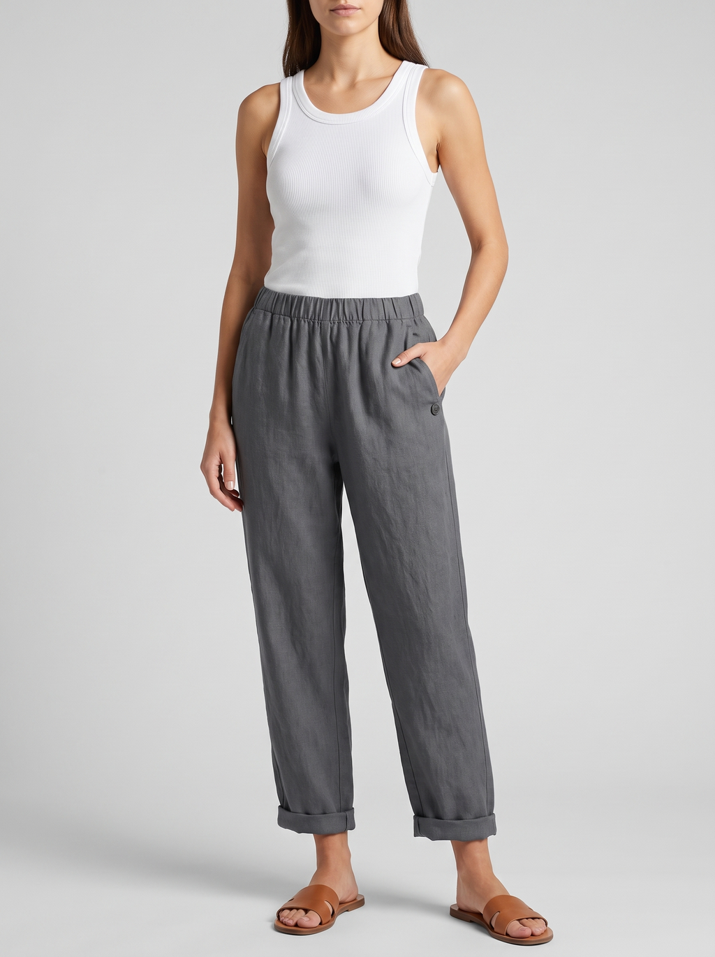 Women's Linen Pants Trousers with Pockets - Casual Straight Fit