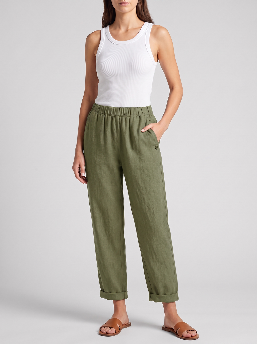 Women's Linen Pants Trousers with Pockets - Casual Straight Fit