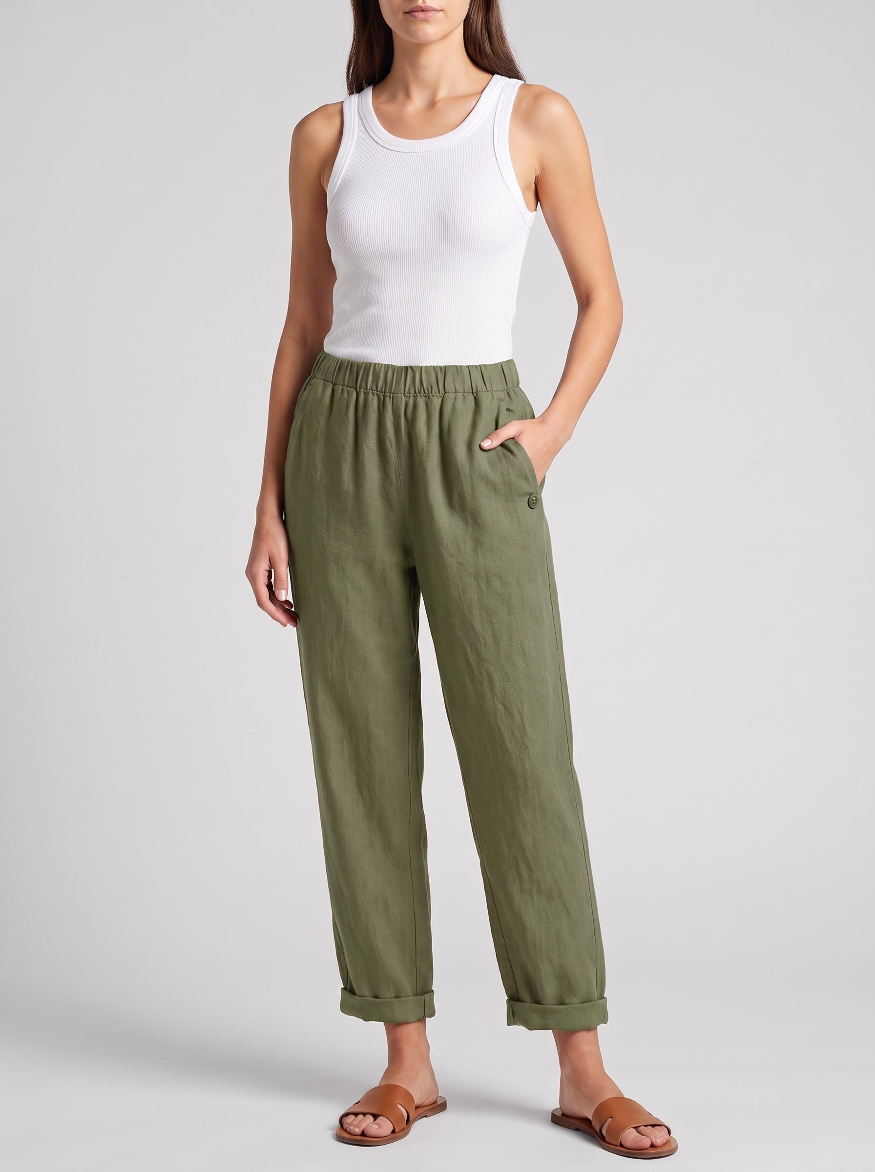 Women's Linen Pants Trousers with Pockets - Casual Straight Fit