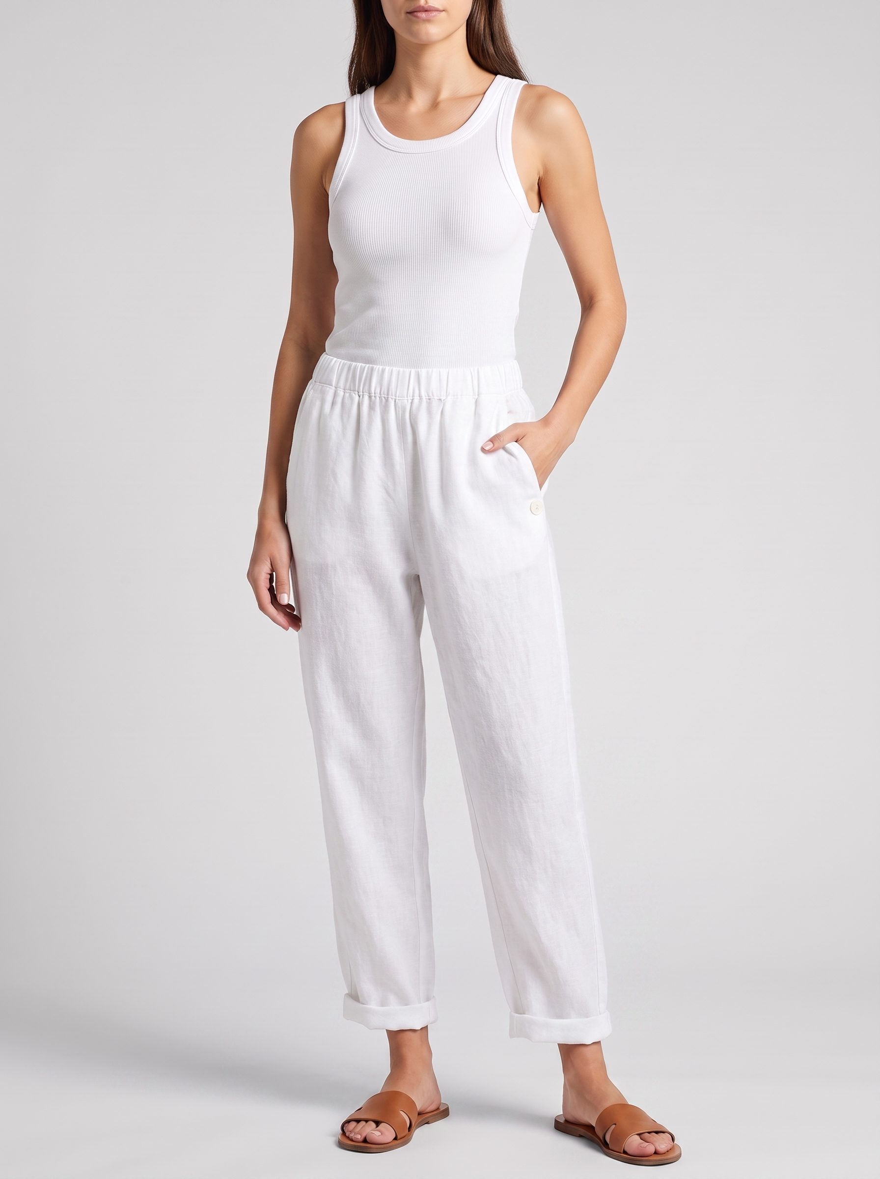 Women's Linen Pants Trousers with Pockets - Casual Straight Fit