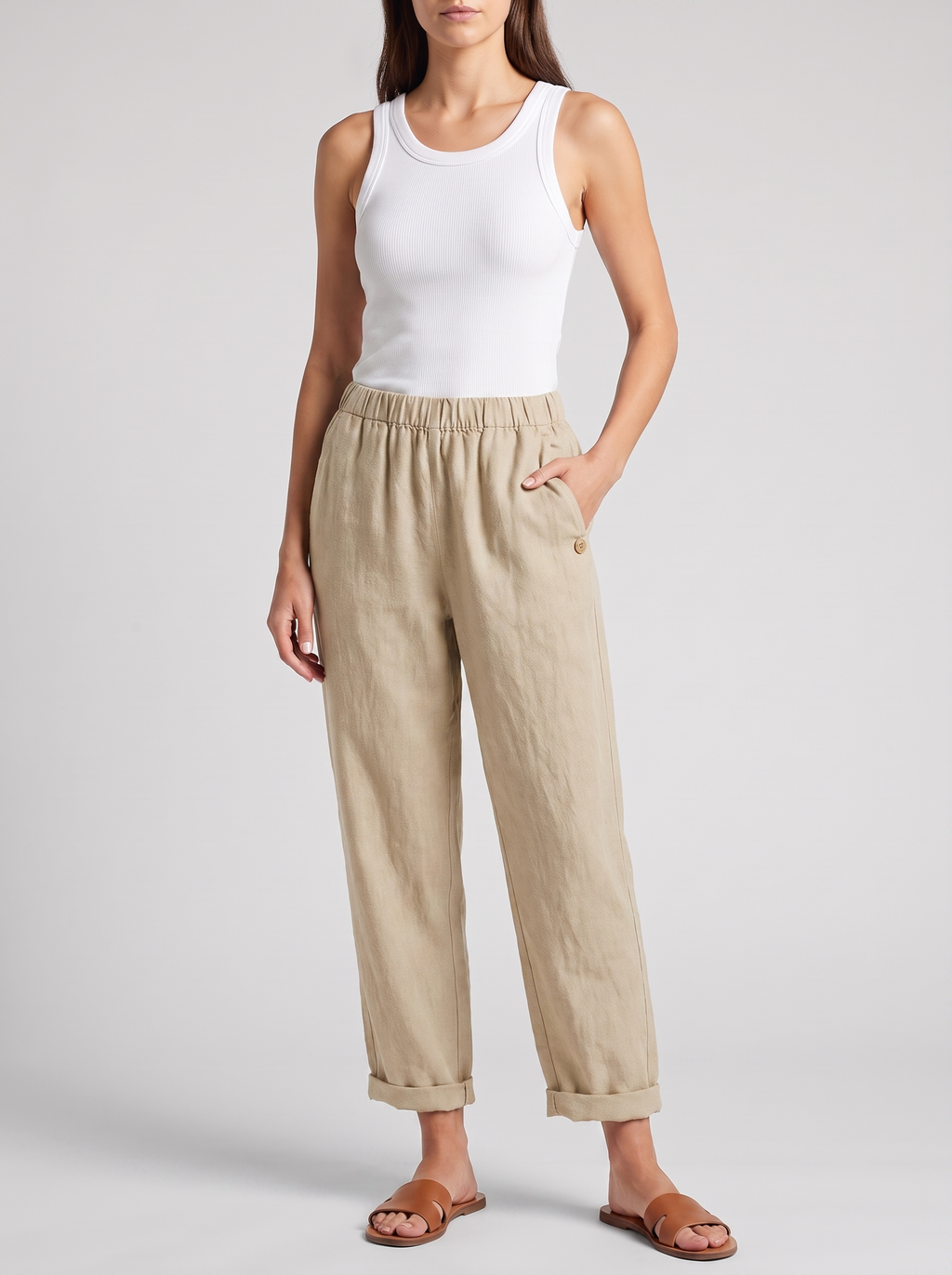 Women's Linen Pants Trousers with Pockets - Casual Straight Fit