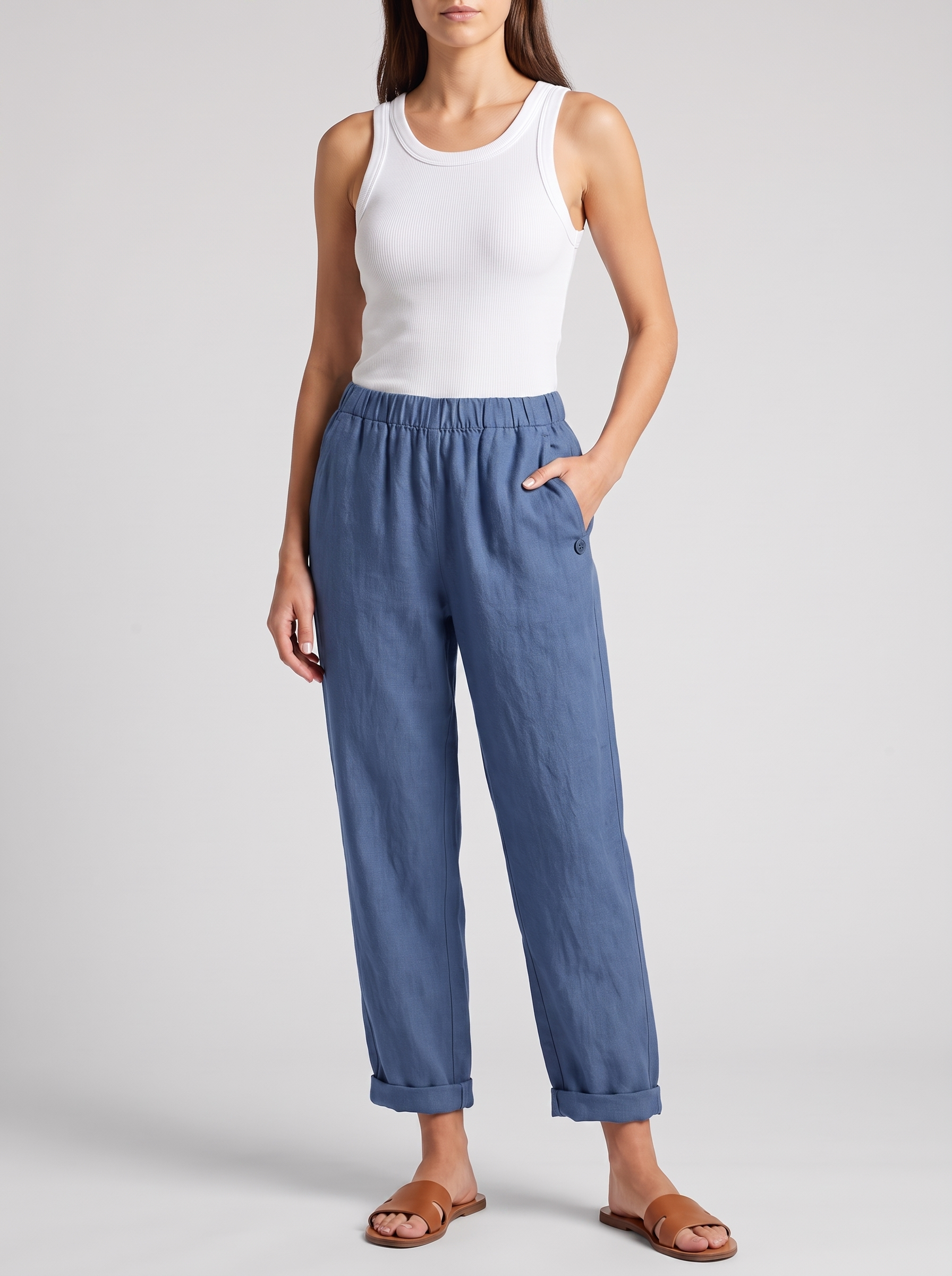 Women's Linen Pants Trousers with Pockets - Casual Straight Fit