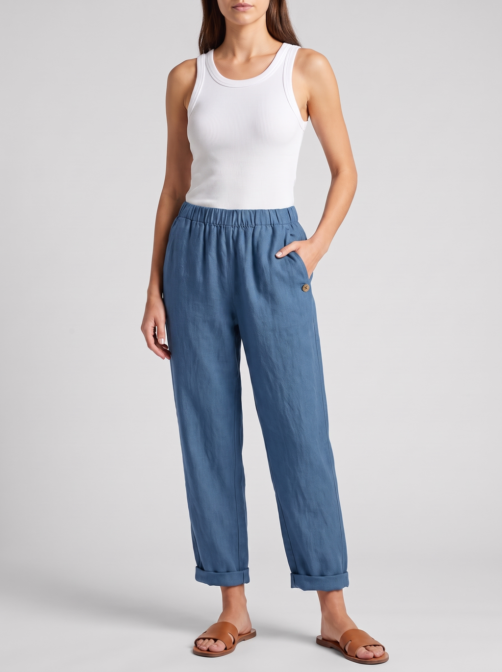 Women's Linen Pants Trousers with Pockets - Casual Straight Fit