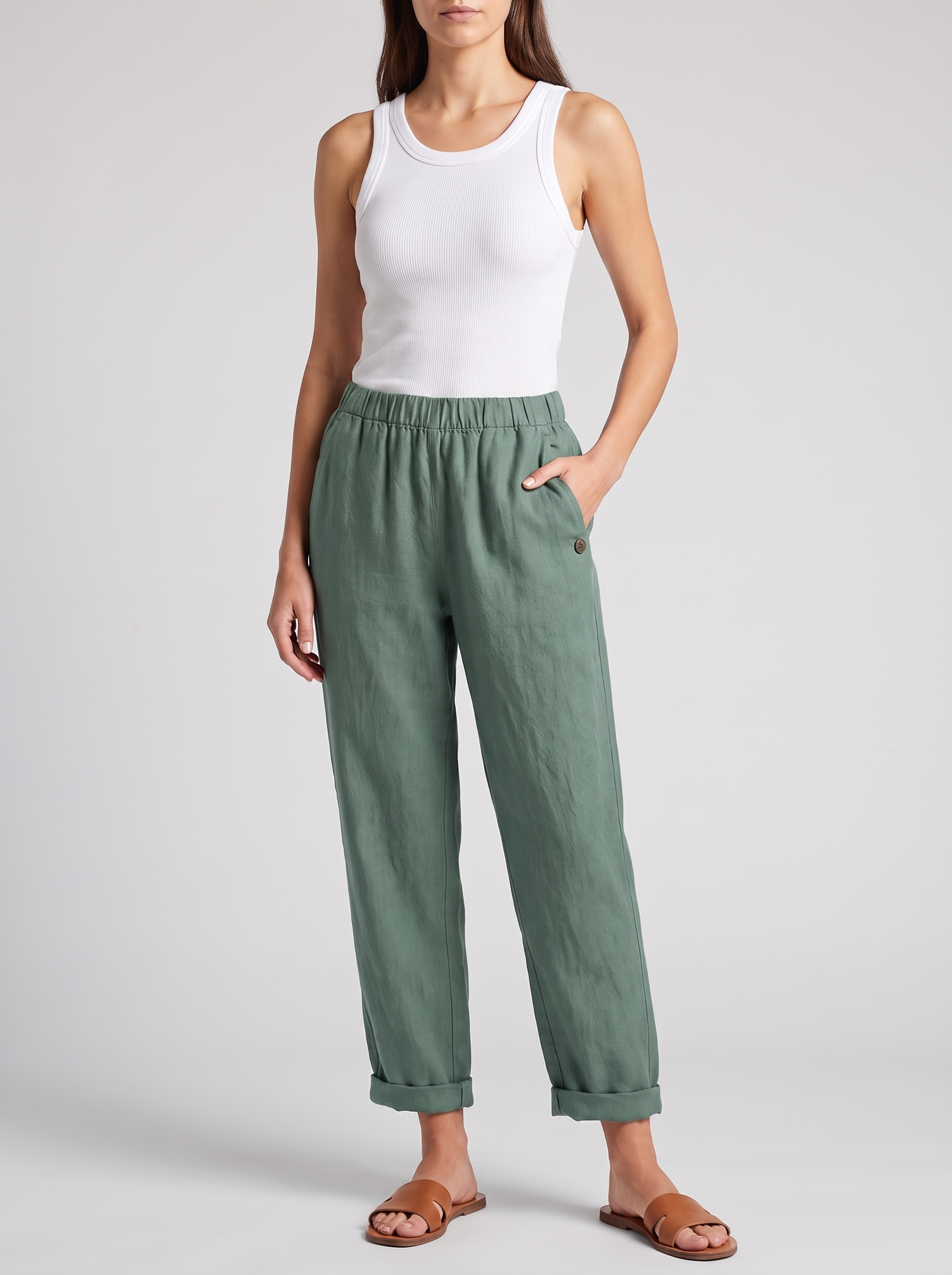 Women's Linen Pants Trousers with Pockets - Casual Straight Fit