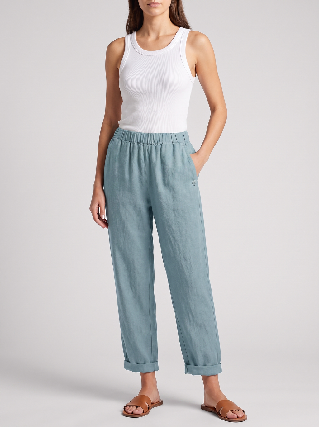 Women's Linen Pants Trousers with Pockets - Casual Straight Fit