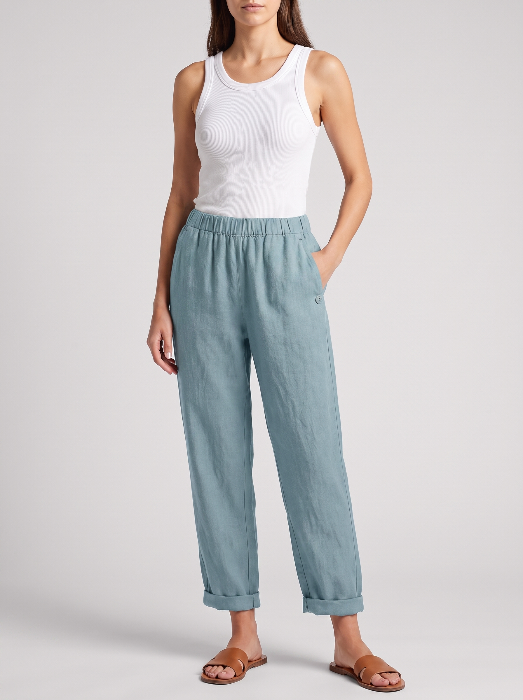Women's Linen Pants Trousers with Pockets - Casual Straight Fit