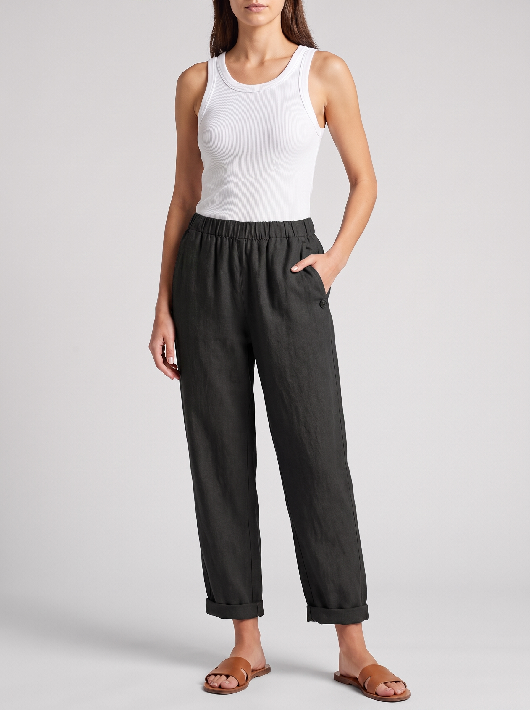 Women's Linen Pants Trousers with Pockets - Casual Straight Fit