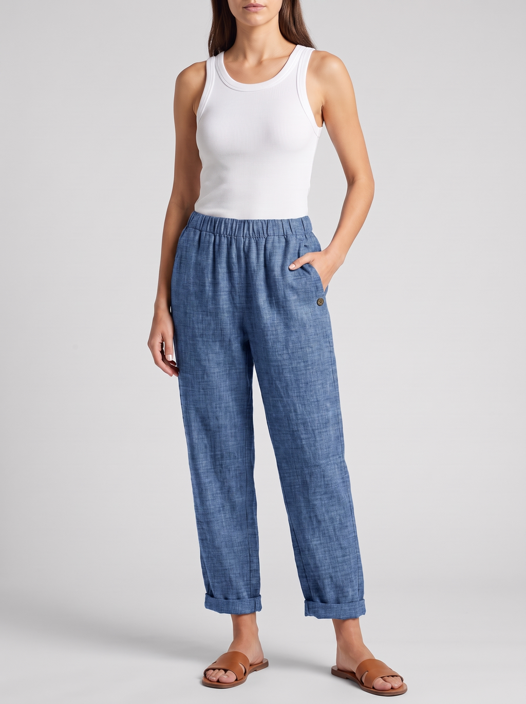 Women's Linen Pants Trousers with Pockets - Casual Straight Fit