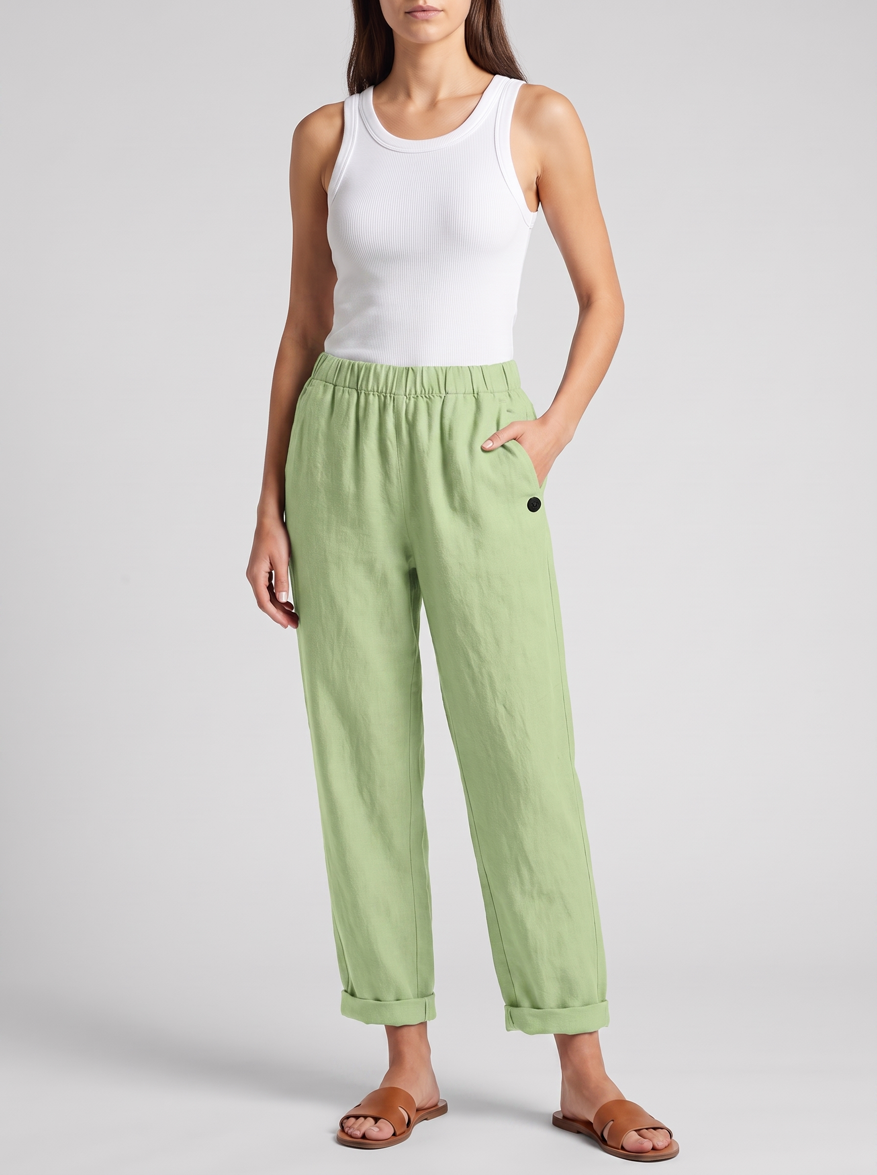 Women's Linen Pants Trousers with Pockets - Casual Straight Fit