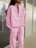 Women's Long-Sleeve Zip-Up Sports Sweatshirt and Elastic Waist Trousers Set