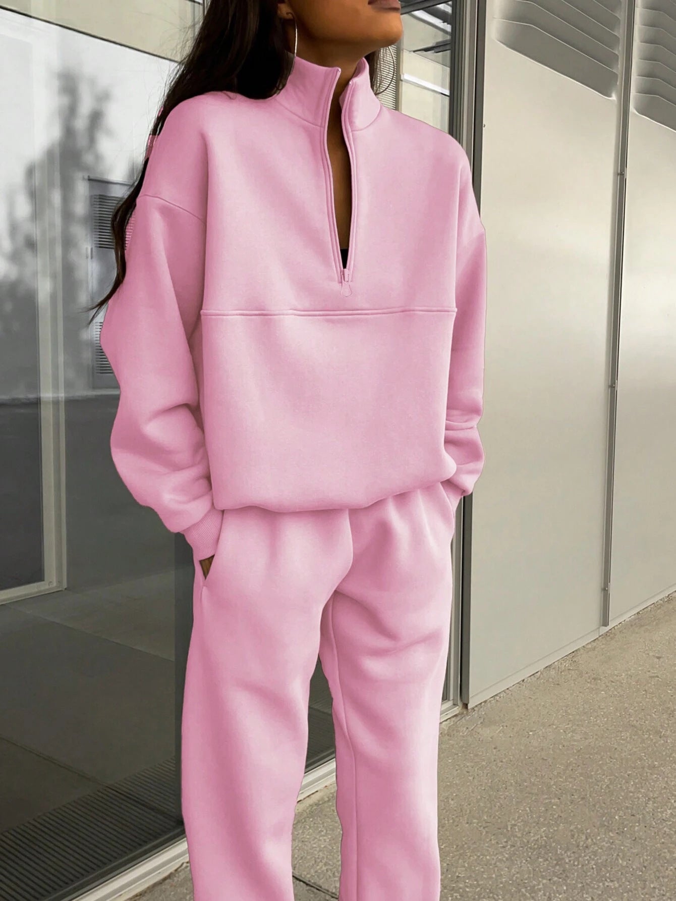 Women's Long-Sleeve Zip-Up Sports Sweatshirt and Elastic Waist Trousers Set