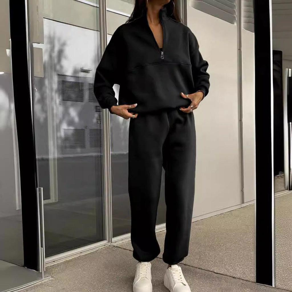 Women's Long-Sleeve Zip-Up Sports Sweatshirt and Elastic Waist Trousers Set