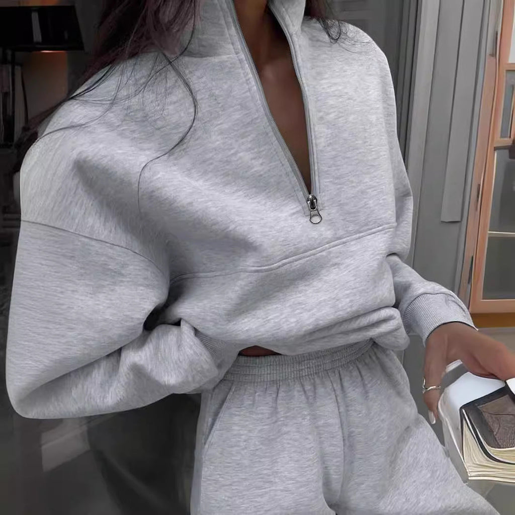 Women's Long-Sleeve Zip-Up Sports Sweatshirt and Elastic Waist Trousers Set