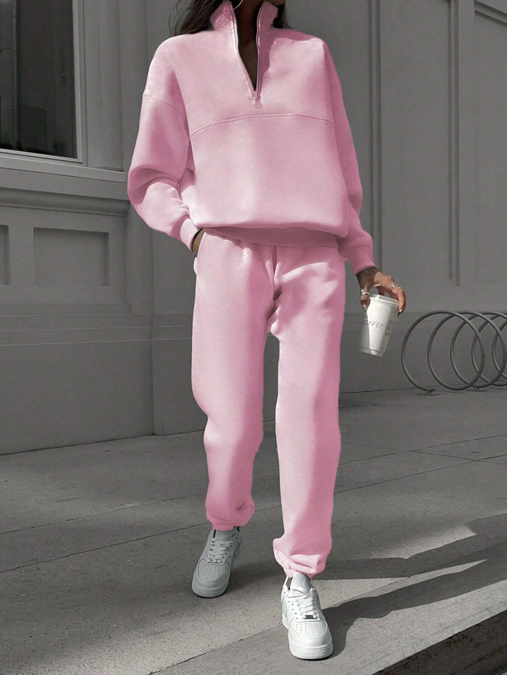 Women's Long-Sleeve Zip-Up Sports Sweatshirt and Elastic Waist Trousers Set