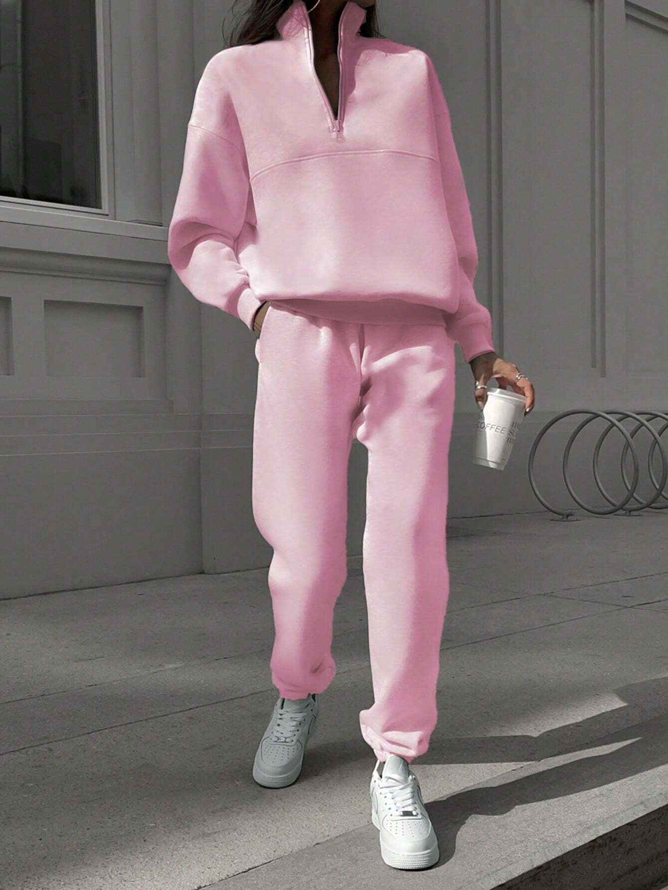 Women's Long-Sleeve Zip-Up Sports Sweatshirt and Elastic Waist Trousers Set