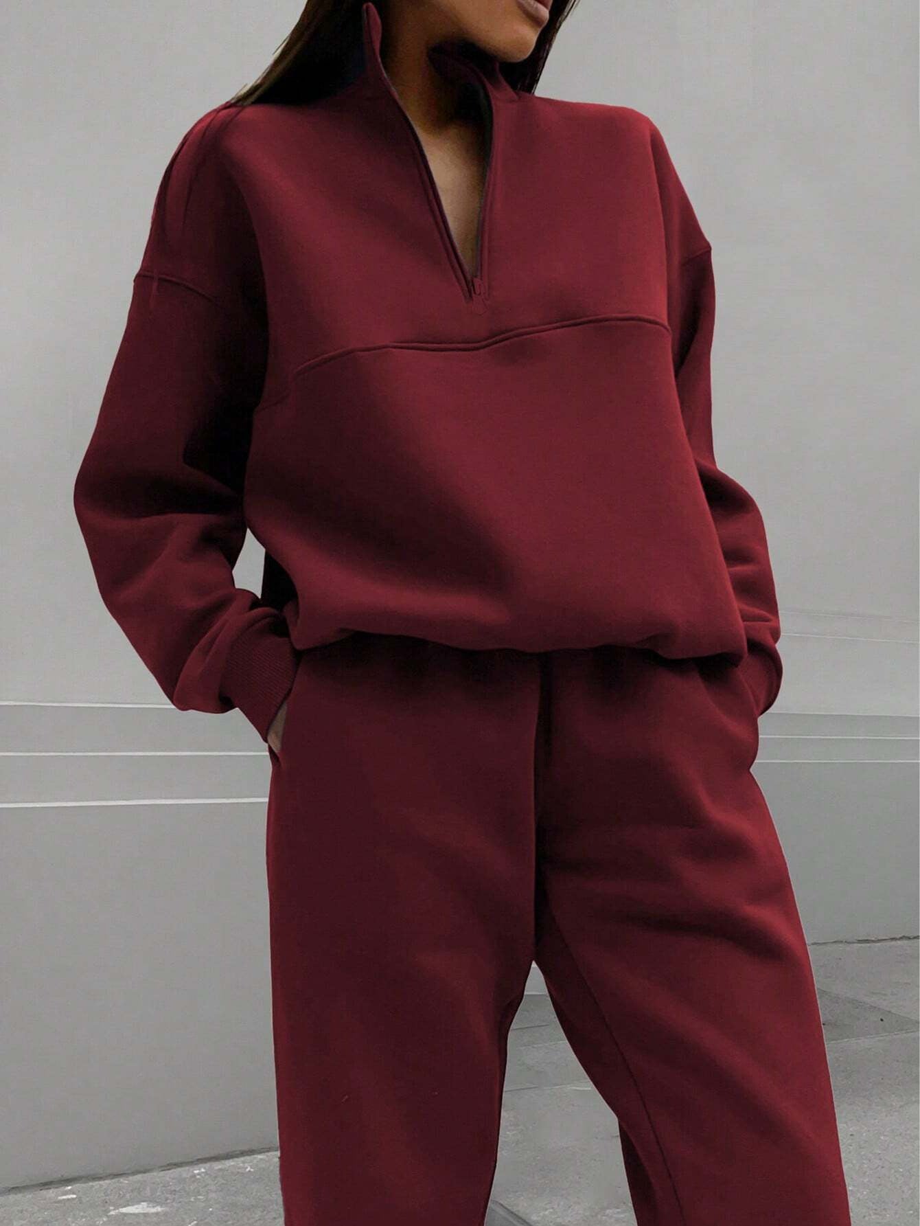 Women's Long-Sleeve Zip-Up Sports Sweatshirt and Elastic Waist Trousers Set