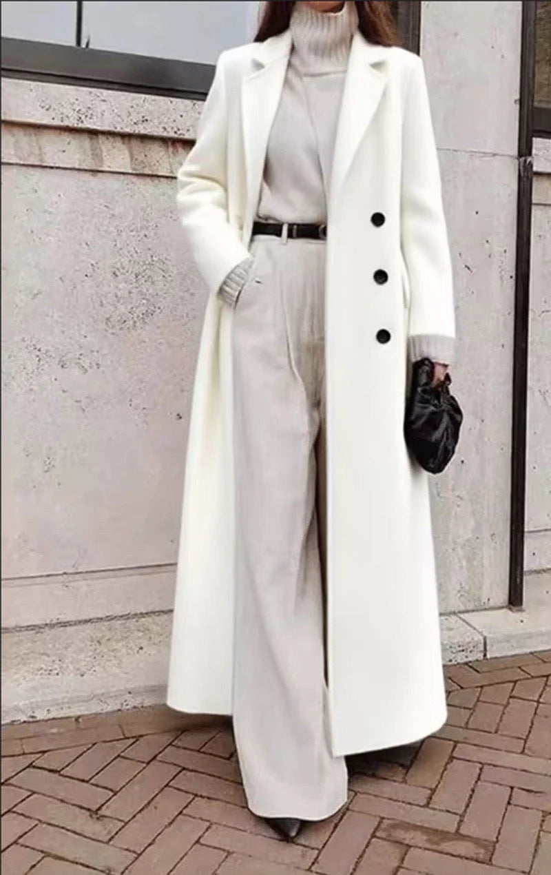 Women's Long Button Up Trench Coat with Deep Pockets