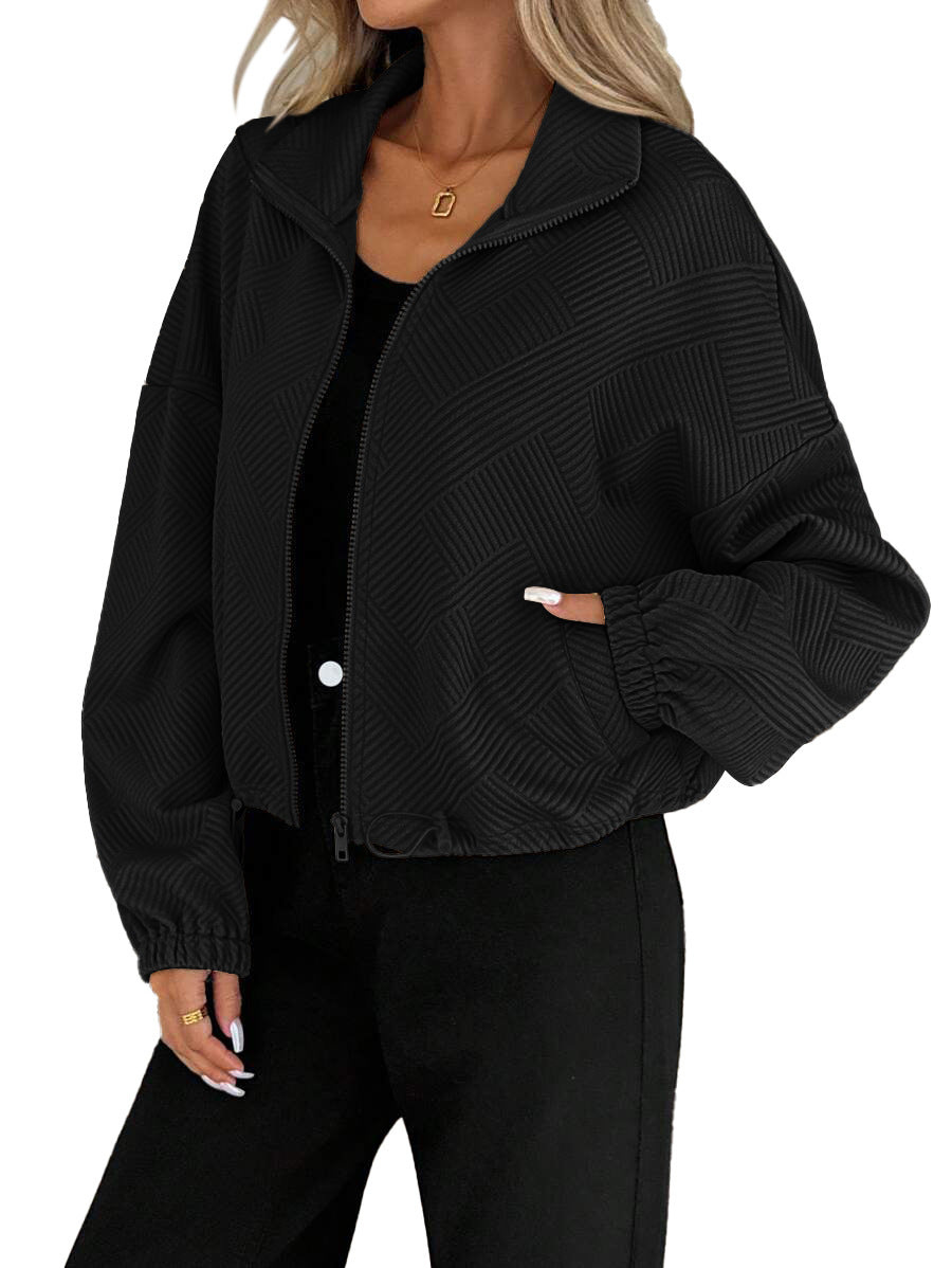 Women's Loose Baseball Jacket with High Collar and Drawstring