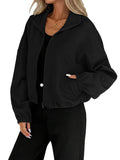 Women's Loose Baseball Jacket with High Collar and Drawstring