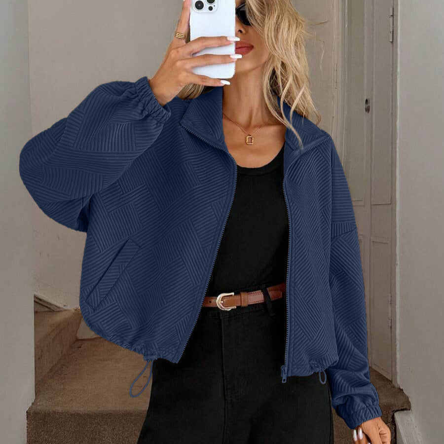 Women's Loose Baseball Jacket with High Collar and Drawstring