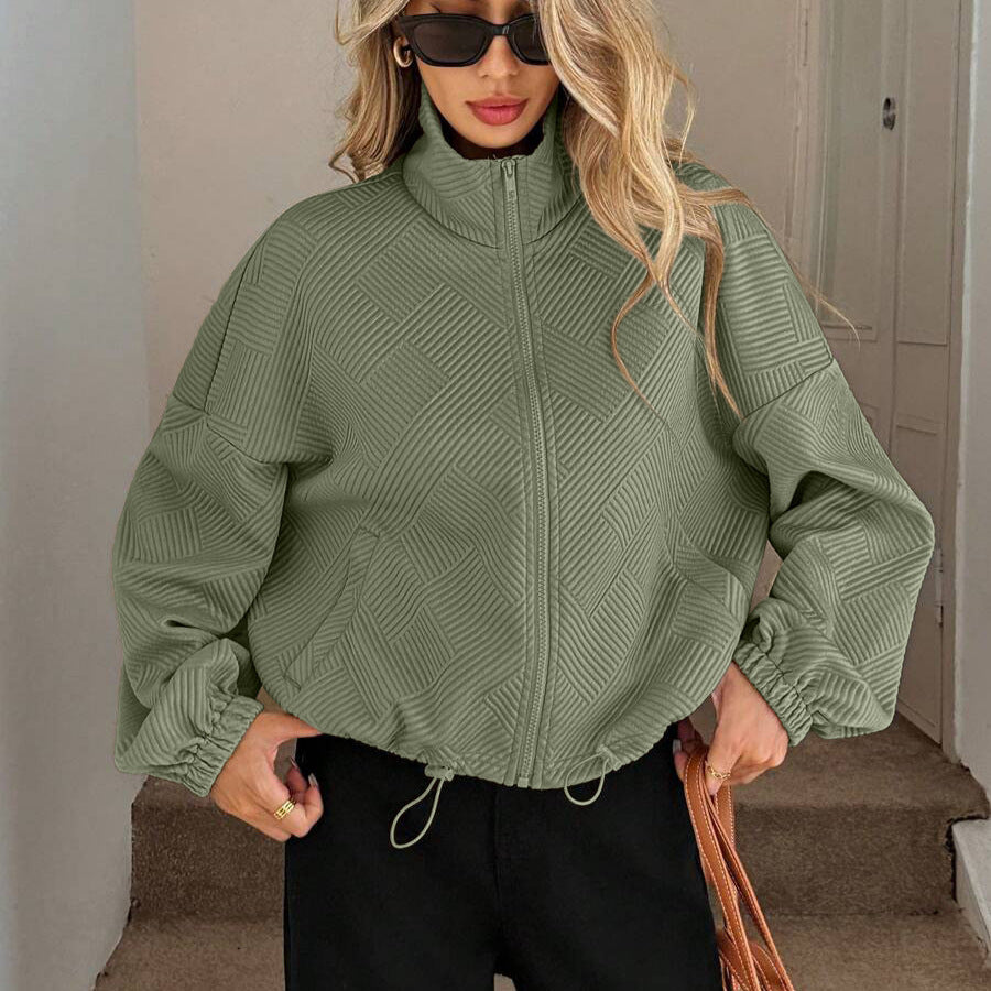 Women's Loose Baseball Jacket with High Collar and Drawstring